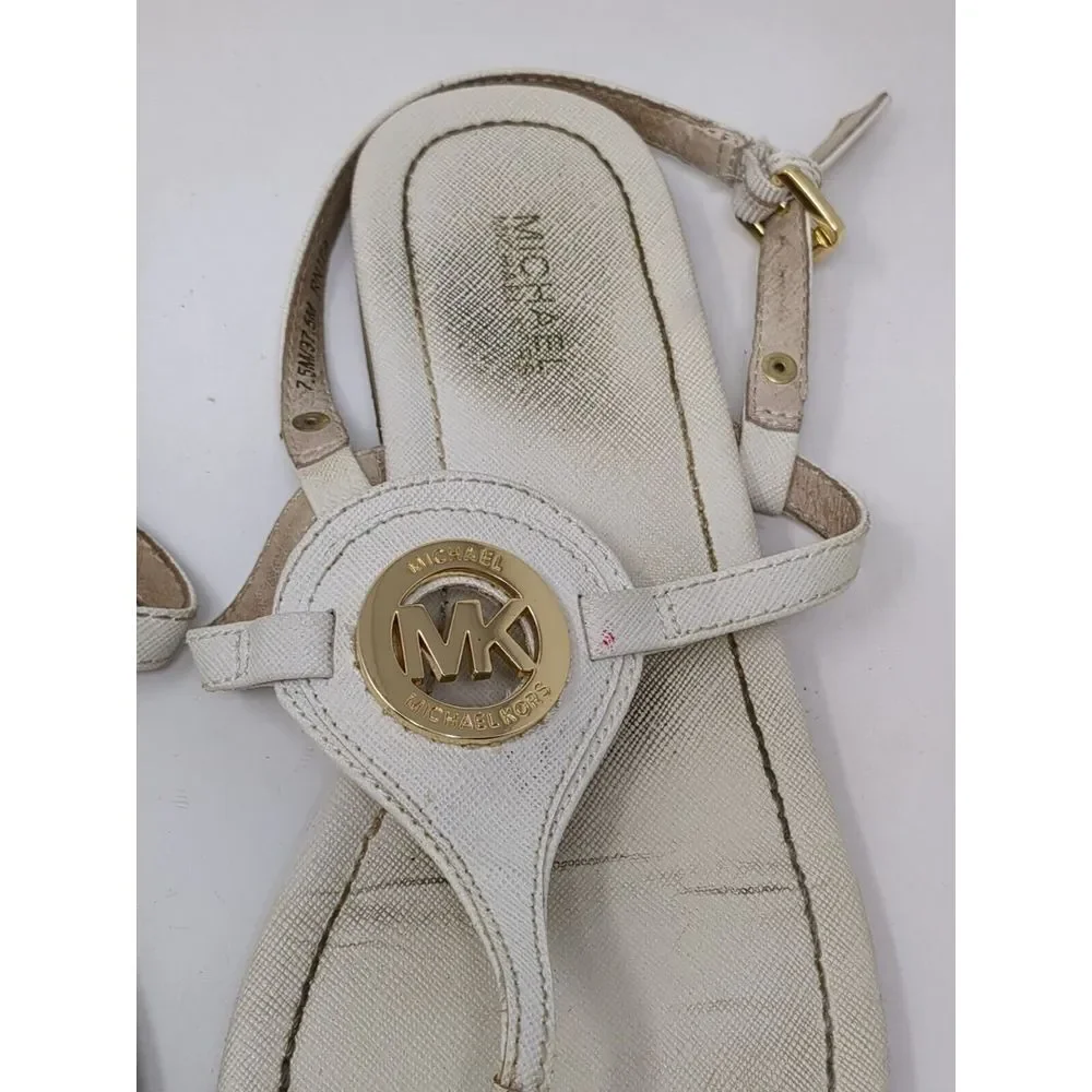 Michael‎ Kors Thong Sandals Leather Flat Big MK Logo Leather White Women's 7.5 M